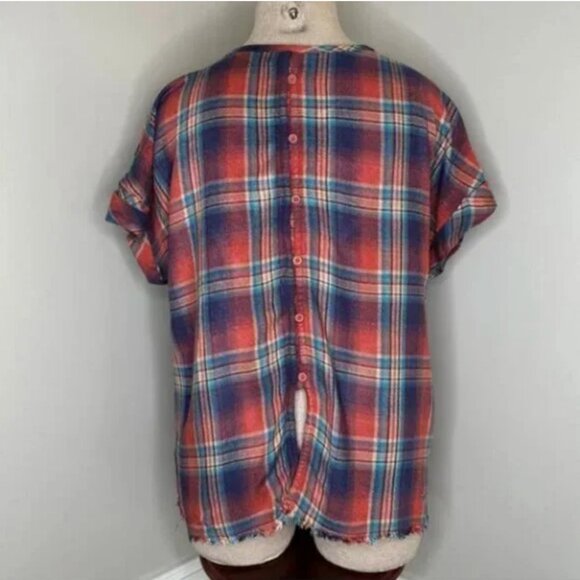 Anthropologie Cloth & Stone Button Back Short Sleeve Plaid High Low Size Medium - Picture 4 of 8